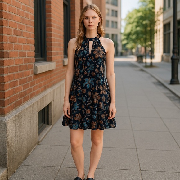Xhilaration Floral Sleeveless Dress - Blue and Brown Size L - Picture 1 of 7